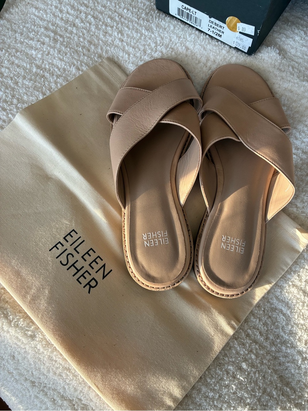 Eileen fisher Tan Leather Crisscross Slide Sandals